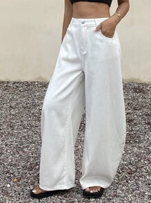 DAZY Vintage Loose Street Washed Distressed Wide Leg Women Jeans - White - View 3