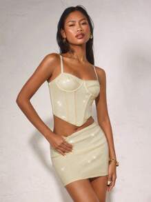 SHEIN BAE Summer Women's Suspenders Apricot Shiny Sequins Ladies Bra Tops & Sequins Skirts, Ladies Two-Piece Suits, Suitable For Graduation Parties, Dates, Banquets, Parties, Sister Gatherings,Seaside Beach Party