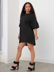 Vixey 净色针织泡泡袖后背拉链衬衫裙 - 黑色 - 查看 5