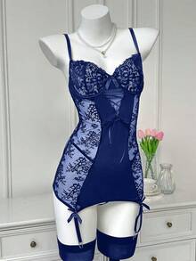 SHEIN 4pcs Set Lace Patchwork Bowknot Sexy Nightgown, Going Out Navy Lingerie Set - Navy Blue - View 3