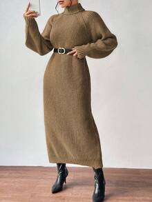 Aalyst Váy len dài cổ lọ màu trơn giản dị, Thu/Đông - Lạc đà - Xem 4