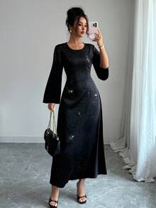 Rafferiza Women's Elegant Starry Sky Glitter Cinched Waist Slim Round Neck Ruffle Sleeve Dress, Summer Fall Cloth For Women