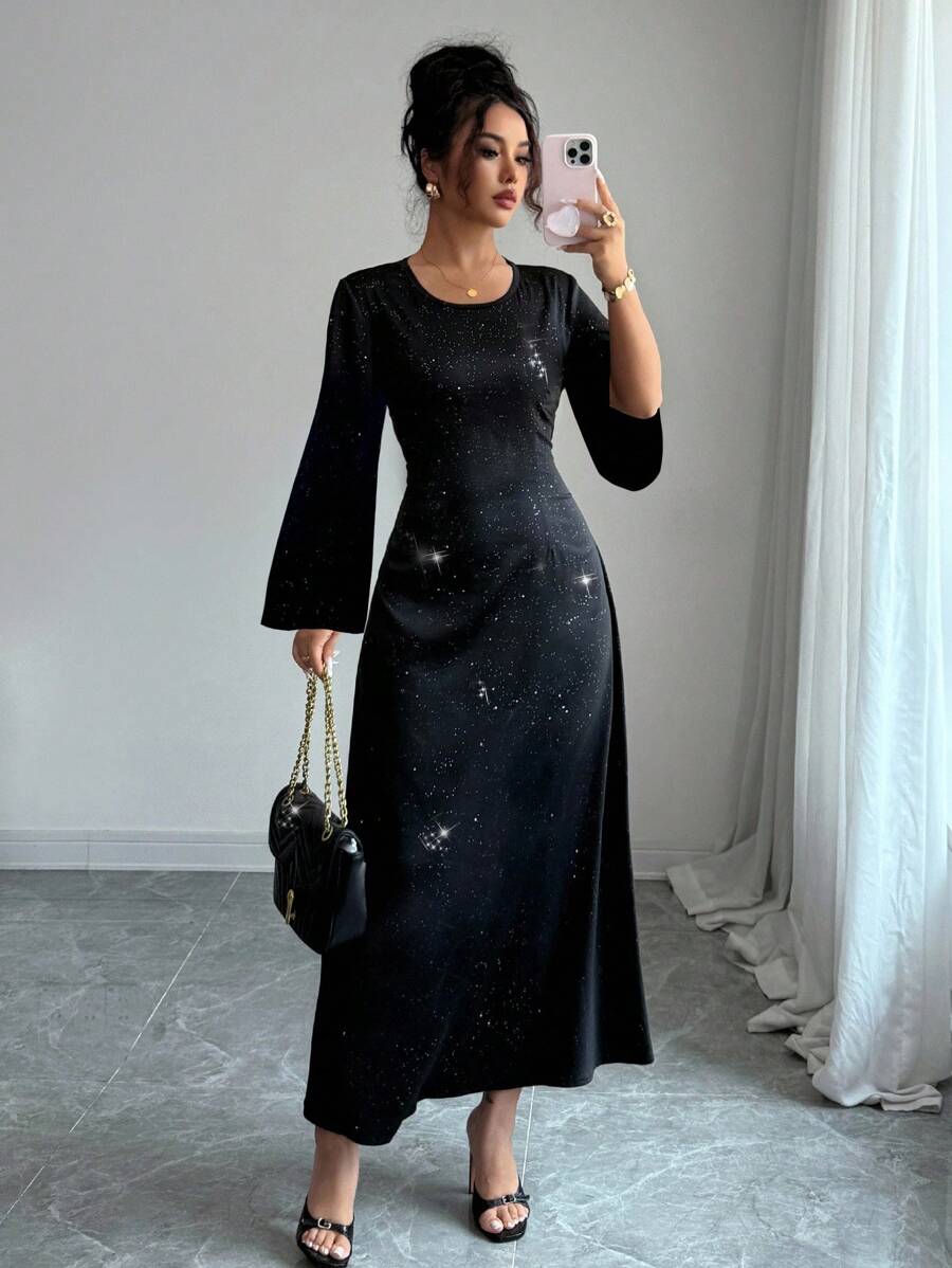 Rafferiza Women's Elegant Starry Sky Glitter Cinched Waist Slim Round Neck Ruffle Sleeve Dress, Summer Fall Cloth For Women