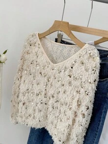 SHEIN Frenchy Suéter feminino solto de manga comprida com lantejoulas e decote em V de cor sólida - Damasco - Ver 5