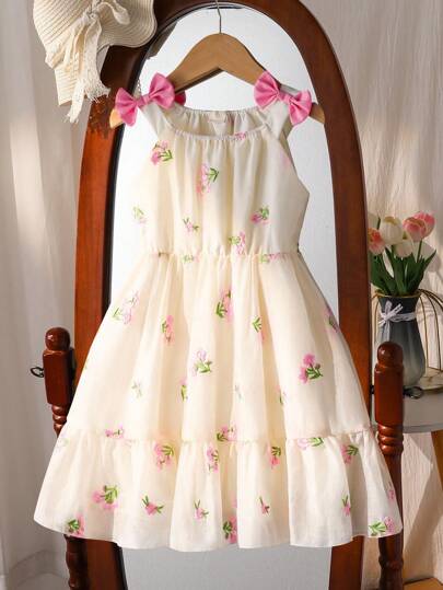 Souflis Souflis Young Girl Sweet Spaghetti Strap Mid-Long Dress, Suitable For Party, Gathering And Various Occasions, Displays Luxurious, And Elegant Style Young Girls Dresses White Flower Girl Dress Cream Dress For Girls Summer Flower Girl Dresses