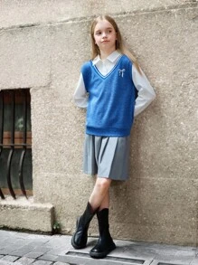 SHEIN 2pcs Tween Girl Casual Collegiate Style Color Block Shirt & Pleated Skirt Set - Blue - View 3