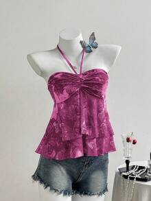 Franclia 女士时尚印花露肩抹胸 - 玫紅色 - 查看 3