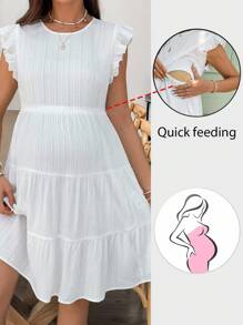 SHEIN Đầm cho con bú cổ tròn tay lửng màu trơn mùa hè cho bà bầu - trắng - Xem 1