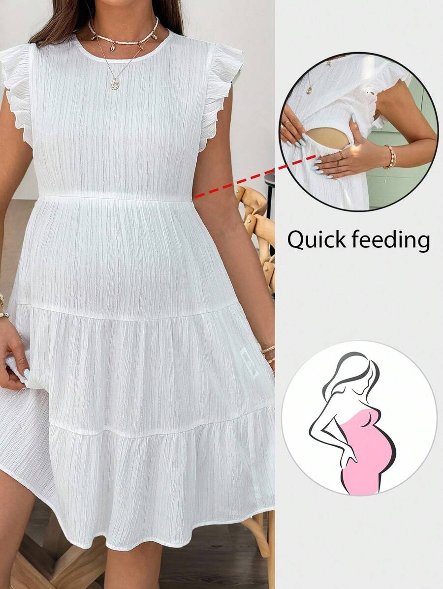 SHEIN Đầm cho con bú cổ tròn tay lửng màu trơn mùa hè cho bà bầu - trắng - Xem 1