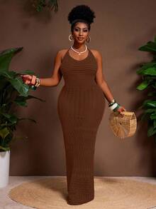 Slaydiva Plus Size Casual Sexy Fitted Halter Tie Backless Women Sweater Dress - Rust Brown - View 1