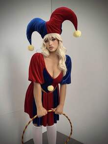 Sunspun 加大码女式天鹅绒方领泡泡袖拼色短袖小丑万圣节优雅休闲角色扮演 A 字裙 - 彩色 - 查看 5