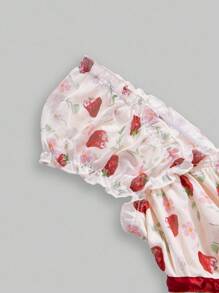 ROMWE Kawaii 大码女式可爱草莓印花方领泡泡袖娃娃裙蝴蝶结T恤 - 杏色 - 查看 4