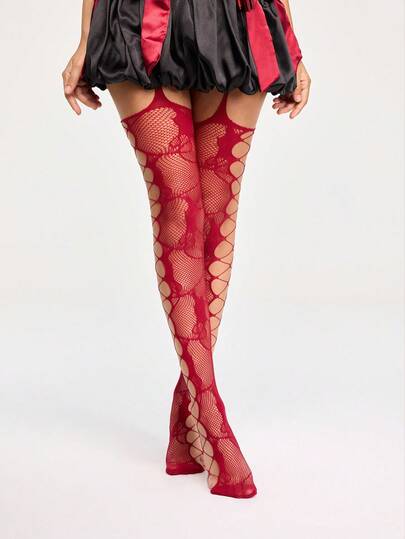 Grunge Punk 1 Pair Sexy Fishnet Stockings With Hollow-Out Side Design, Burgundy Color, Minimalist Jacquard Pattern, Ultra-Thin Elastic Sheer Tights