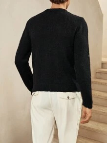 Manfinity Homme 时尚博主风格纯色重工装饰水钻男士毛衣，欧美新款男士水钻毛衣男士装饰毛衣，秋冬 - 黑色 - 查看 3