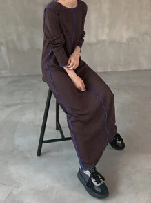 FRIFUL Women's Round Neck Long Sleeve Contrast Color Straight Loose Casual Long Dress, Autumn