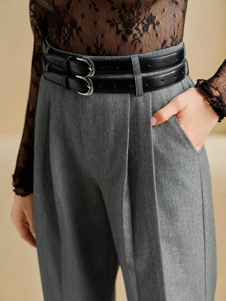 Anewsta Women Elegant High-Grade Gray Double Belt Design Simple Versatile Lightweight Commute Straight-Leg Dress Pants, Suitable For Formal, Party, Chic, Work, Graduation