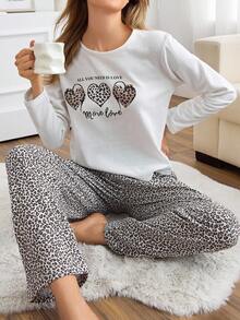 EURMUSE Bawełniana koszula z długim rękawem i nadrukiem w serca oraz spodnie w panterkę, Homewear Comfort Pajama Set - Wielokolorowe - Zobacz 1