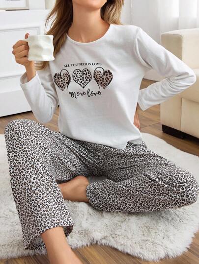 EURMUSE Cotton Lettered&Hearts Printed Long Sleeve Shirt&Leopard Pants Homewear Comfort Pajama Set Leopard Print Pajama Set Womens Pajama Set Long Sleeve Pajama Sets For Women Heart Pajama Set Animal Print Pajama Set