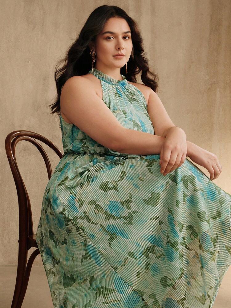 Elegant Fashion Elegant Vacation Halter Sleeveless Waist Tie Plus Size Women Long Dress