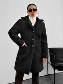 EURMUSE Women Warm Fabric Pocket Elegant Overcoat - Black - View 4