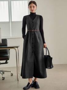 Dazy-Less Women's V-Neck Wool Blend Sleeveless Cinched Waist Midi Dress, Loose Fit Business Casual Office Commuter Wear, Autumn/Winter