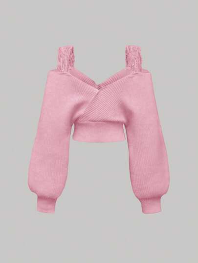 Kawaii pull sexy décontracté à bretelles en dentelle, décolleté plongeant et nœud papillon, style épaules dénudées