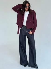 Aloruh 女士休闲通勤纯色双排扣风衣秋季女装秋季所有女装秋季女装秋季女装秋冬女装冬季女装冬季外套女返校节学校老师栗色短款风衣外套超短款气质显瘦深秋女神显瘦酒红色西装外套