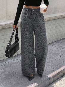 Livesso Quần jeans ống rộng cạp cao họa tiết da báo cho nữ - Màu xanh lam - Xem 6