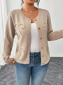 Elenzga Áo len cardigan thanh lịch thường ngày cỡ lớn có nơ cho nữ - Màu Khaki - Xem 6