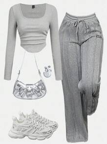 SHEIN Tween Girl Casual Street Style Ruched U-Neck Long Sleeve Ribbed Knit Fitted T-Shirt And Pleated Wide Leg Sweatpants Set, Suitable For Home, Outdoor, School, Grey Fall Winter