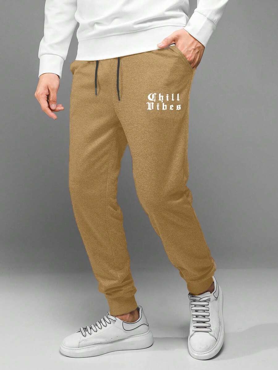 RueChic Men's Drawstring Waist Letter Pattern Sweatpants - Camel - View 1