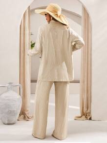 EURMUSE Beige Striped Linen Co-Ord Set With Oversized Blazer And Slim-Fit Pants Women S Outfit Women Club Outfits Women S Summer Clothes Women Pants Wide Leg Women S Clothes Women S Outfits  Spring Outfits For Women Women S Sets - White - View 2