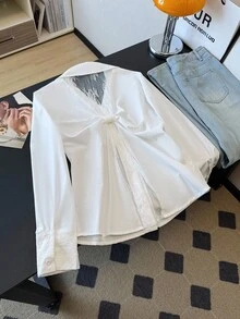 Franclia Women's Elegant Lace Bow Back Ruched Waist Long Sleeve Blouse Fall Cloth For Women - White - View 1