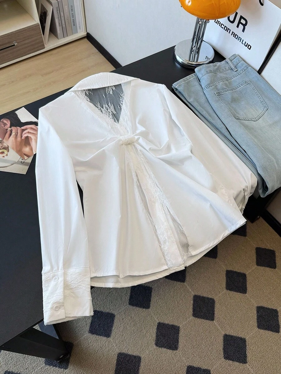 Franclia Women's Elegant Lace Bow Back Ruched Waist Long Sleeve Blouse Fall Cloth For Women - White - View 1