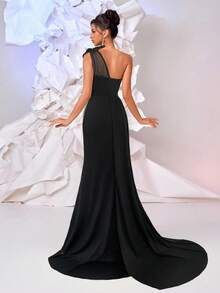 Glamrae 优雅奢华的浅黄色手工串珠面料贴花不对称肩部性感开衩飘逸女式正式晚礼服 - 黑色 - 查看 2