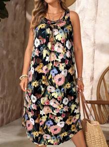 EMERY ROSE 大码花卉印花无袖休闲度假连衣裙