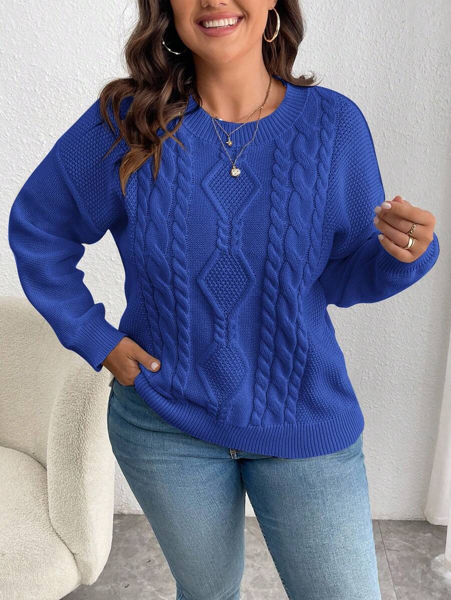 Maglione casual oversize da donna con collo rotondo, maniche a giro e motivo a treccia, in maglia