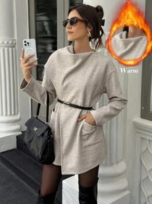 SHEIN LUNE Women's Solid Color Drop Shoulder Long Sleeve Dual Pocket Casual Jacket Fall Winter Cloth For Women - Apricot - View 3