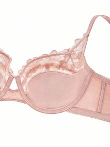 LUVLETTE Full Coverage Support Breathable Underwire Pink Sheer Mesh Lace Elegance Minimizer Bra Sexy Lingrie Bridal Intimates - Pink - View 9