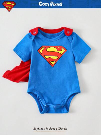 Cozy Pixies SUPERMAN X Cozy Pixies Newborn Baby Boy Graphic Round Neck Short Sleeve Bodysuit & Solid Color Cape 2pcs Set Baby Boy Superhero Costume Baby Boy Cartoon Clothes Baby Boy Character Clothes