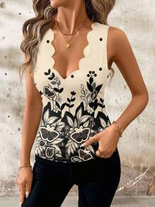 SHEIN Clasi Deep V-Neck Floral Print Elegant Shell Trim Camisole Top - Yellow - View 7