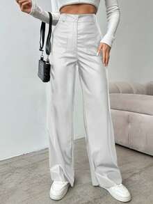 EURMUSE Women's Solid Color High Waist Straight Leg Pants, Suitable For Commuting - White - View 4