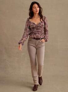 WESTFADE Floral Printed Woven Sweetheart Neck Balloon Long Sleeve Peplum Top Fall, Autumn, Winter, Casual, Cute, Western Wear, Boho - Pink - View 5