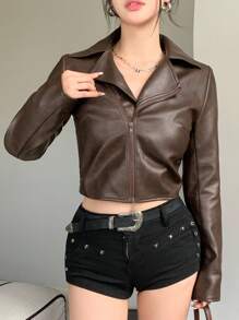 DAZY Women's Loose Casual Short PU Jacket, Street Style For Autumn & Winter,Fall Women Clothes