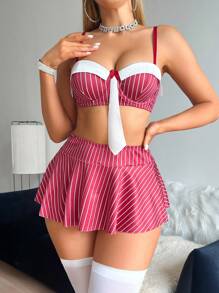 SHEIN 5 件女士性感内衣套装（钢圈文胸、丁字裤、迷你裙、2 件长袜） - 紅白色 - 查看 4