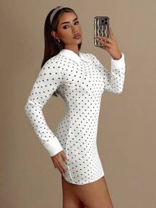 SHEIN ICON 女士合身黑白波点撞色领子星期三迷你连衣裙 - 白色 - 查看 4