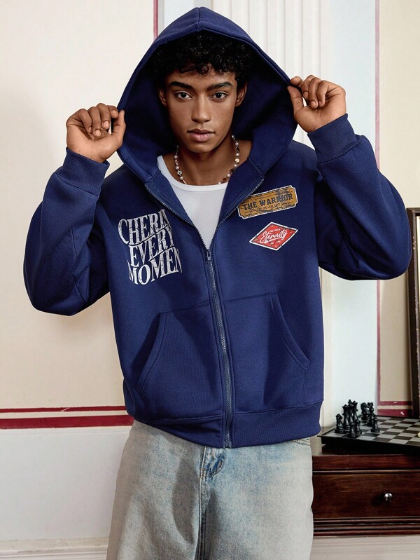 SWAVVY Men's Casual Zip-Up Hoodie Sweatshirt With Screen Print, Loose Fit, Spring/Autumn, For Fall Winter