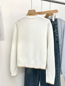 SHEIN Frenchy Women's Winter Sweater  French Casual 3D Floral Decor Contrast Trim Sweater, Autumn/Winter,Autumn Fall Sweater Knit Sweater,Knitted Sweater ,Suitable For Daily Commuting. Autumn Layering, Autumn And Winter New Arrivals,For Everyday Wear And Layering Back To School, Fall Women Clothes,Cute Tops,Going Out Tops Women,Old Money Outfits Women ,Business Casual Women,All-Season,Christmas Sweater ,New Year Clothes - Apricot - View 3