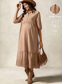 Boho Mama Locker sitzendes, lässiges Umstandskleid in Midi-Länge mit Unifarbe, einfach und bequem - Khaki - Übersicht 3
