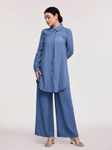 Veilorie 2 件套女士纯色长袖衬衫和长裤套装，简约时尚休闲日常穿着 - 藍色 - 查看 3